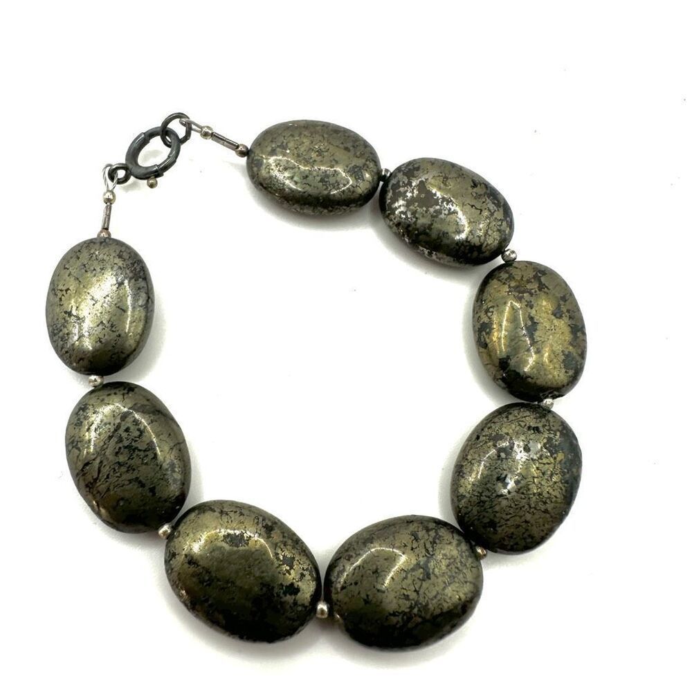 Pyrite oval beaded sterling silver bracelet
